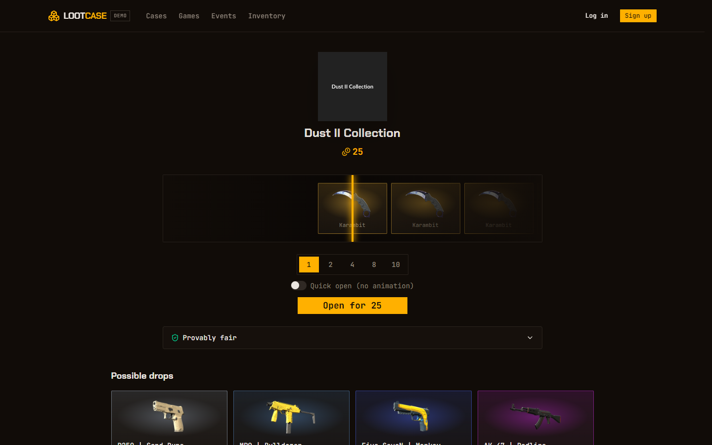 Live case-opening screen from the LootCase reference build — real Steam skins, rarity-colored odds, provably-fair panel